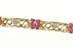 14K Yellow Gold Ruby Flower Cluster Diamond Bar Link Tennis Bracelet