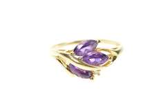 14K Yellow Gold Marquise Amethyst Diamond Accent Leaf Motif Ring