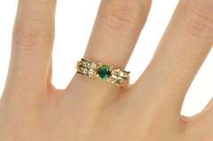 18K Yellow Gold Round Syn. Emerald Diamond Engagement Ring