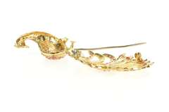 18K Yellow Gold 1960's Ruby Encrusted Peacock Statement Pin/Brooch