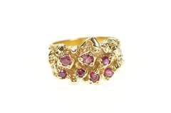 14K Yellow Gold Retro Ruby Inset Raw Textured Cluster Statement Ring