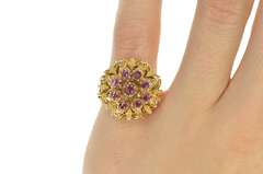 14K Yellow Gold 1960's Ruby Ornate Round Cluster Cocktail Ring