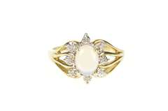 10K Yellow Gold Opal Ornate Diamond Halo Statement Cocktail Ring