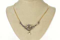 14K Yellow Gold Edwardian Diamond Pearl Scroll Pendant Necklace