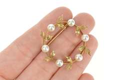 10K Yellow Gold Pearl Leaf Vine Circle Retro Statement Pin/Brooch