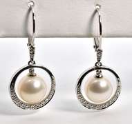 Beautiful Pearl & Diamond Earrings in 14K WG
