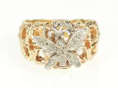 14K Yellow Gold Two Tone Pave Butterfly Textured Nugget Band Ring