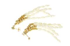 14K Yellow Gold Retro Pearl Fringe Dangle Ornate Statement Earrings