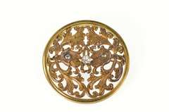 14K Yellow Gold 1940's Diamond Inset Scrollwork Round Pin/Brooch