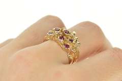 14K Yellow Gold Retro Ruby Inset Raw Textured Cluster Statement Ring
