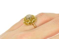 14K Yellow Gold 1950's Diamond Cluster Frilly Round Cocktail Ring