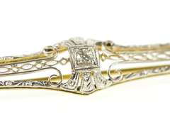 14K Yellow Gold Art Deco Filigree Diamond Syn. Sapphire Bar Pin/Brooch