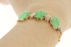10K Yellow Gold Ornate Carved Oval Floral Jade Statement Bracelet