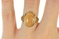 10K Yellow Gold Brown Tan Stone Cabochon Heart Filigree Ring