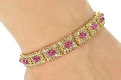 14K Yellow Gold 13.80 Ctw Ruby Cabochon Diamond Halo Tennis Bracelet