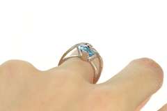 14K White Gold Oval Blue Topaz Diamond Wavy Statement Ring