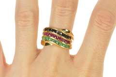 14K Yellow Gold Emerald Ruby Sapphire Tiered Wavy Band Ring