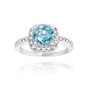 Sterling Silver Blue Topaz & Diamond Accent Square Ring