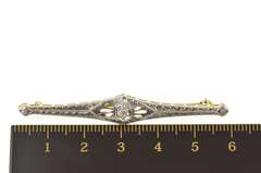 14K Yellow Gold Two Tone Art Deco Diamond Ornate Bar Pin/Brooch