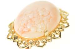 14K Yellow Gold Carved Coral Cherry Blossom Statement Pin/Brooch