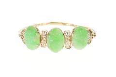 10K Yellow Gold Ornate Carved Oval Floral Jade Statement Bracelet