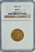 Scarce near Mint 1888-S $5 Liberty Gold Piece. NGC AU53