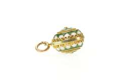 18K Yellow Gold Green & White Enamel Russian Faberge Egg Charm/Pendant