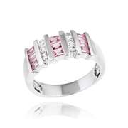 Sterling Silver 3/5ct Pink & Clear CZ Baguette & Round Striped Ring