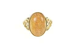 10K Yellow Gold Brown Tan Stone Cabochon Heart Filigree Ring