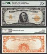 $10 1922 GOLD CERTIFICATE HILLEGAS GOLD SEAL BRIGHT ORANGE BACK PMG CH. VF 35EPQ