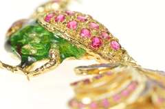 18K Yellow Gold 1960's Ruby Encrusted Peacock Statement Pin/Brooch