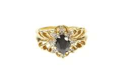 10K Yellow Gold Oval Sapphire Diamond Halo Filigree Statement Ring