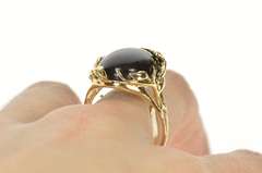 14K Yellow Gold Round Black Wood Ornate Leaf Vine Motif Ring
