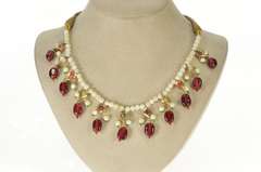 14K Yellow Gold Victorian Ruby Pearl Tourmaline Fringe Woven Necklace