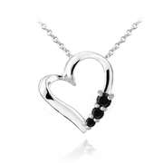 Sterling Silver Black Spinel Three Stone Floating Heart Necklace