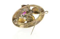 10K Yellow Gold Victorian Amethyst Pearl Etched Leaf Pendant/Pin