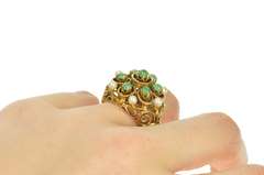 14K Yellow Gold 1960's Pearl Emerald Ornate Filigree Cocktail Ring