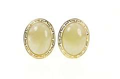 14K Yellow Gold Oval Jade Cabochon Greek Key French Clip Earrings