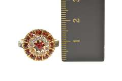 10K Yellow Gold Art Deco Red & White Rhinestone Halo Cocktail Ring