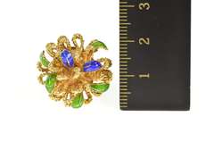 14K Yellow Gold 1960's Blue Green Enamel Leaf Cocktail Ring