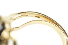 14K Yellow Gold Round Black Wood Ornate Leaf Vine Motif Ring