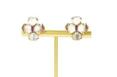 14K Yellow Gold 1930's Moonstone Ruby Clover Screw Back Earrings