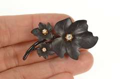 14K Yellow Gold 1960's Black Bakelite Diamond Leaf Cluster Pin/Brooch