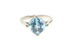 14K White Gold Cushion Faceted Blue Topaz Statement Ring
