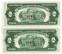 2 Crisp Uncirculated 1928-C $2 Red Seal Notes. Nice