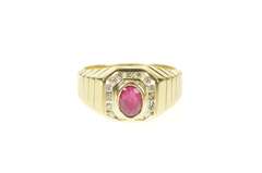 14K Yellow Gold 0.78 Ctw Oval Ruby Diamond Halo Squared Ring