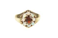 10K Yellow Gold Retro Oval Garnet Opal Halo Statement Ring
