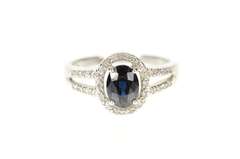 10K White Gold Oval Sapphire Diamond Halo Engagement Ring