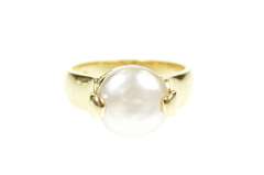 14K Yellow Gold Pearl Inset Ornate Retro Unique Statement Ring