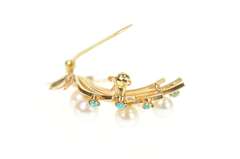 14K Yellow Gold Retro 1950's Pearl Turquoise Floral Bouquet Pin/Brooch